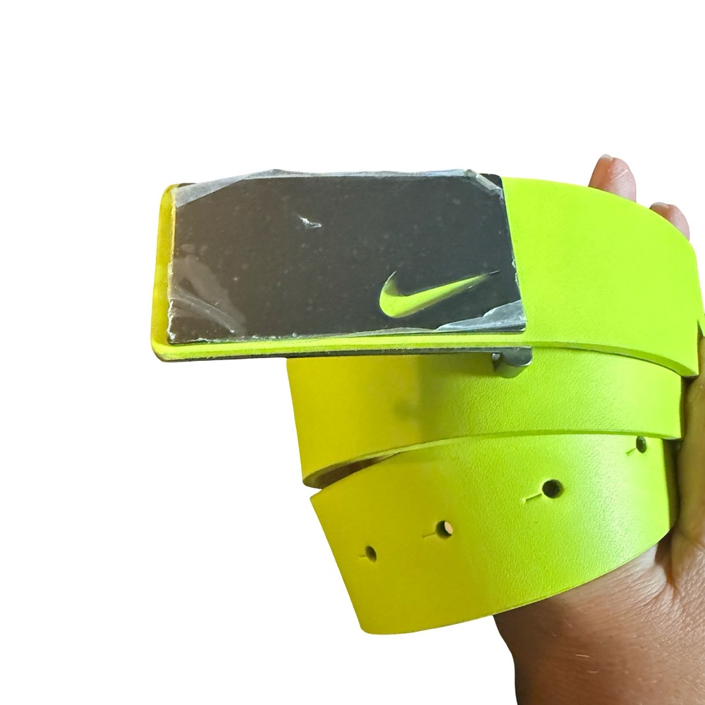 Nike Volt Neon Green Leather Belt Plaque Swoosh Buckle Men's Size 34 Perforated